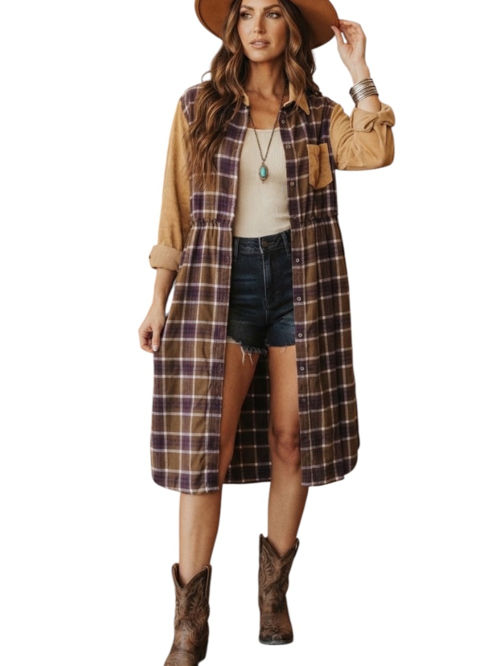 Easel Brown Plaid Corduroy Contrast Button Down Midi Shirt Dress